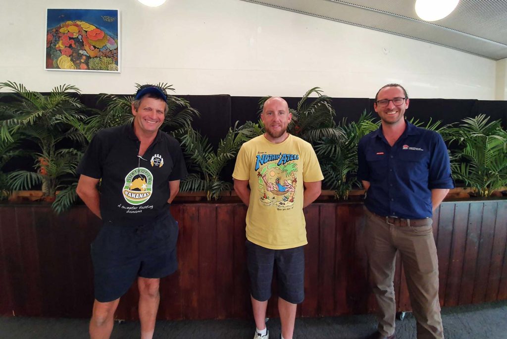 Banana growers Jeff Eggins and Joshua Tate with Tom Flanagan from NSW DPI at Coffs Harbour roadshow